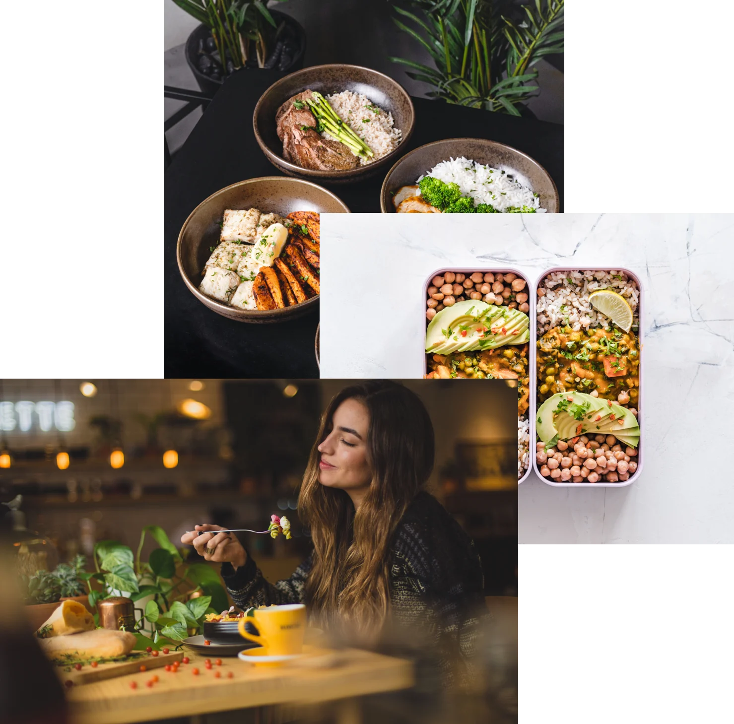 a women enjoying food,a meals in tables, a chef preparing food